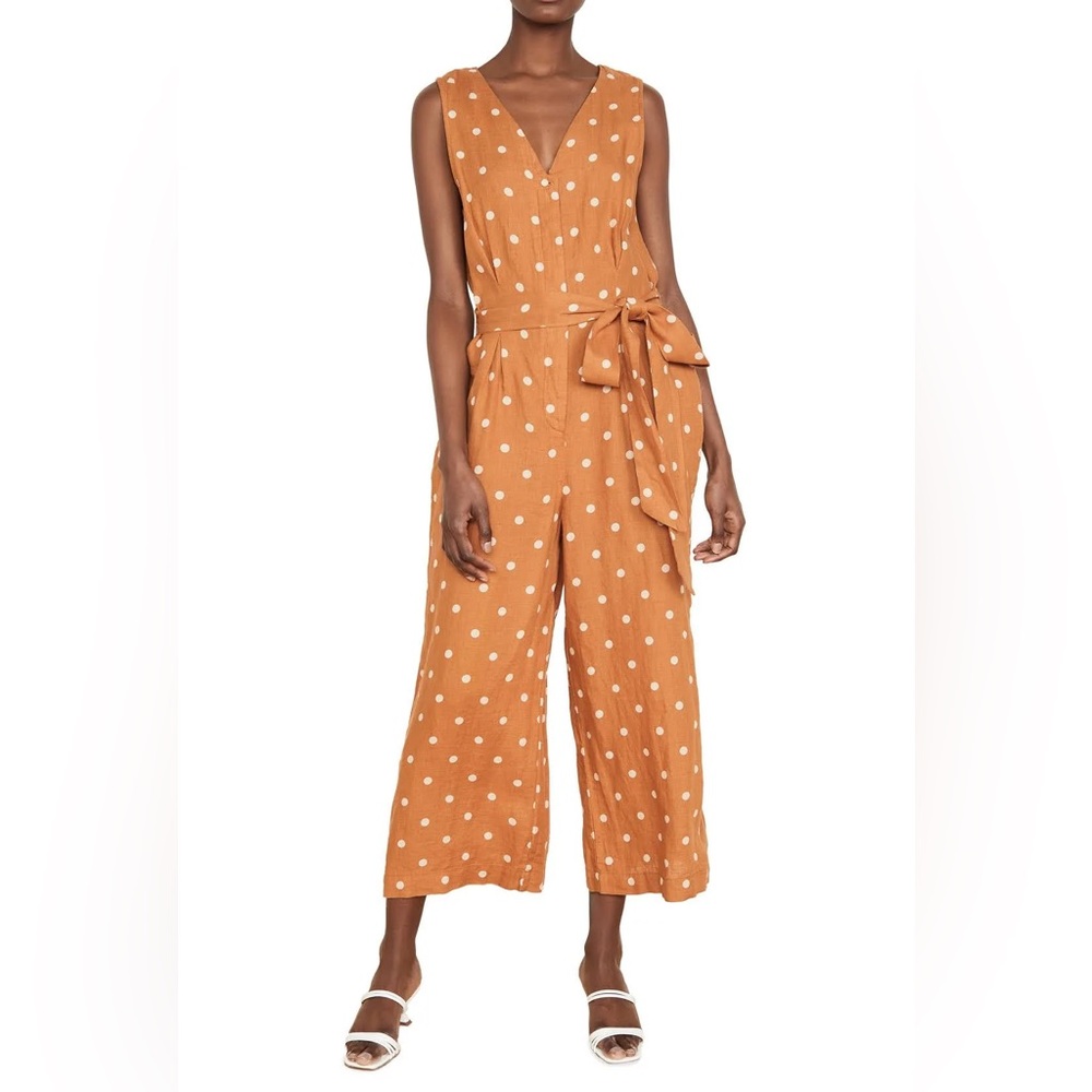 Trovata Cropped Wide Leg Polka Dot Linen Belted Jumpsuit - Picture 3 of 14